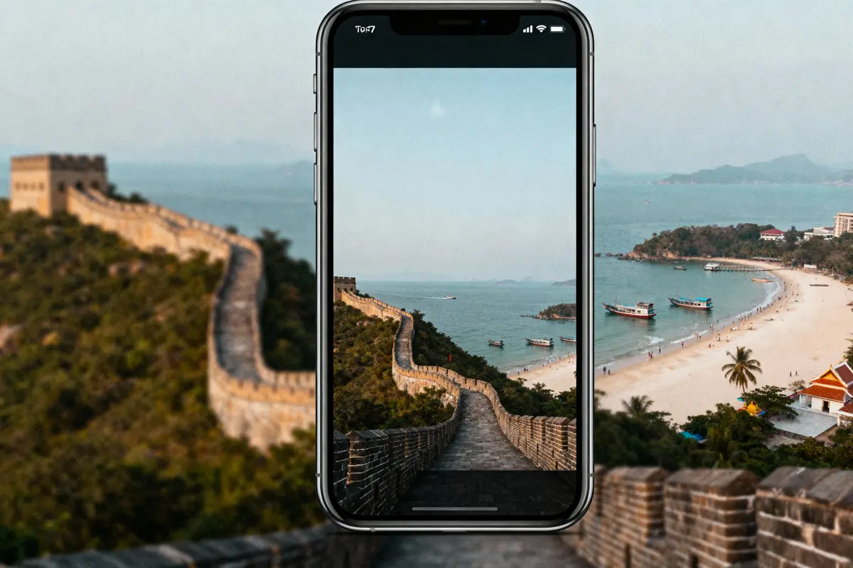 Smartphone affichant paysage d'une muraille s'étendant vers la mer. Plage et bateaux en arrière-plan.