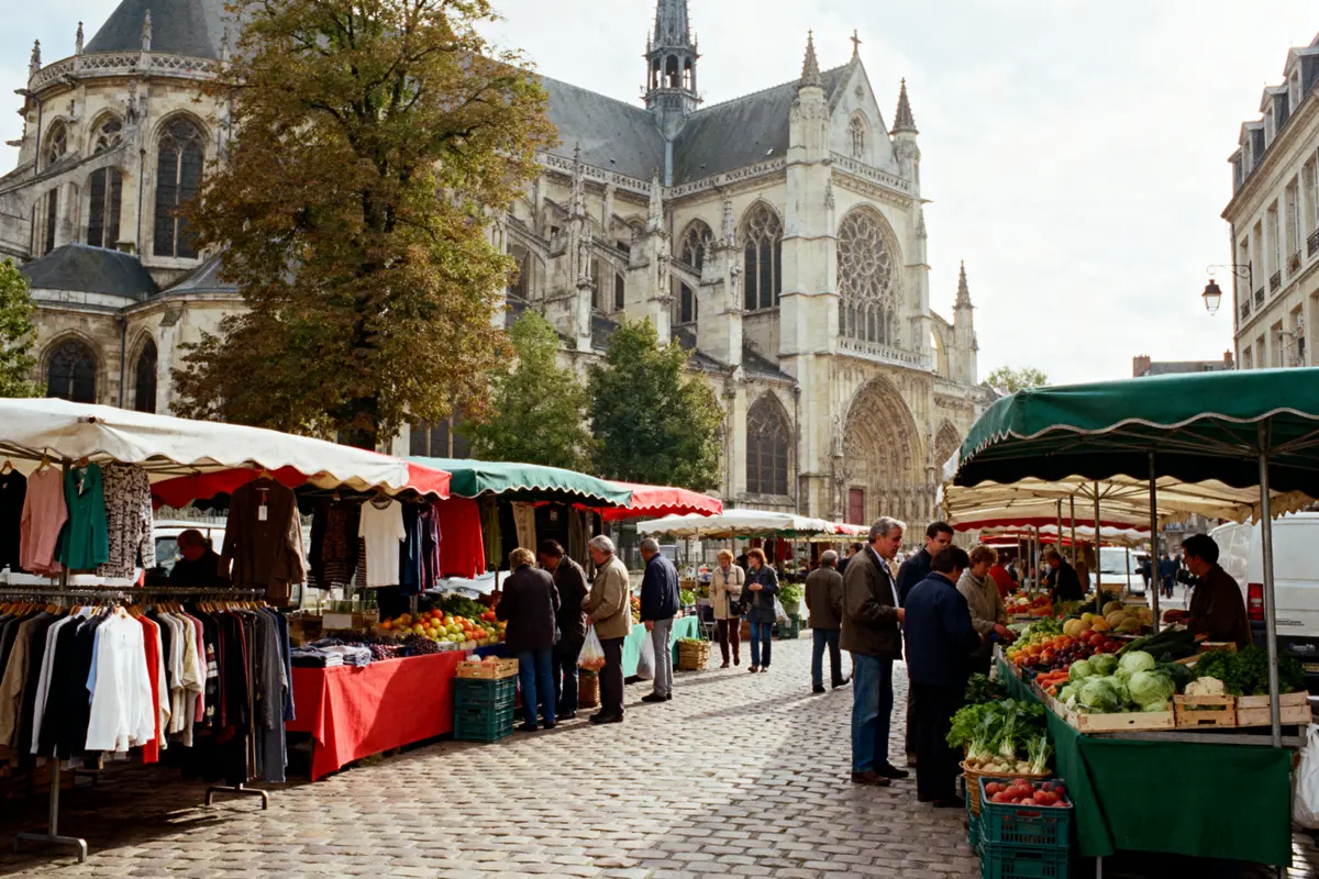 Marché en plein air avec fruits, légumes, vêtements, près d'une cathédrale gothique et arbres verts, ambiance animée.