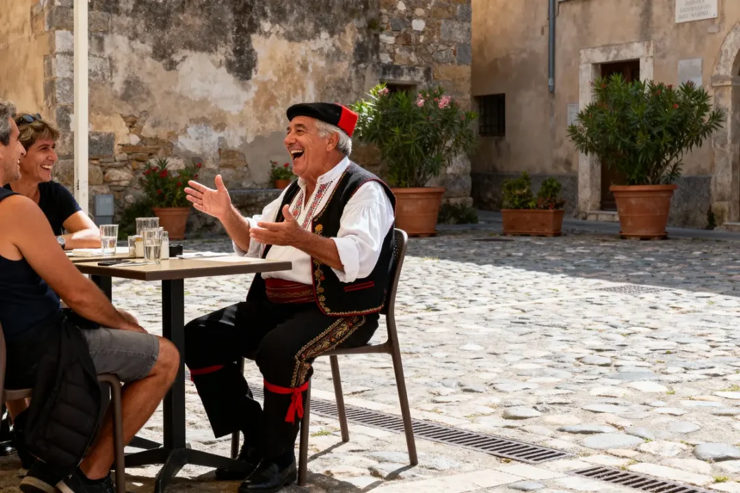 Homme âgé habillé traditionnellement, souriant et discutant joyeusement avec deux personnes à une table en extérieur.