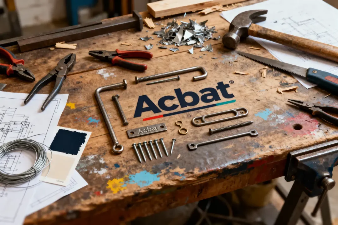 Établi avec outils, plans, clous, fil et logo Acbat, ambiance de travail manuel et bricolage.