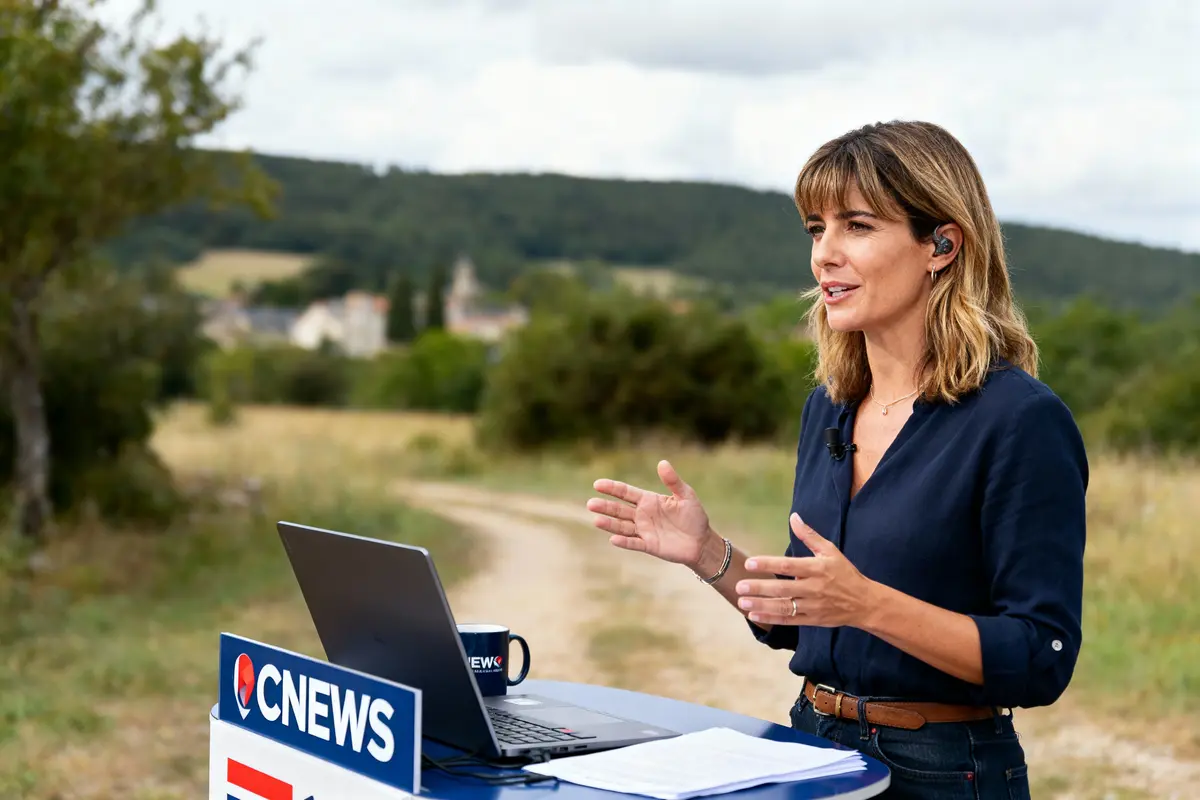 Journaliste CNEWS rapporte en extérieur, avec ordinateur, micros, et nature en arrière-plan. Scène de reportage en plein air.