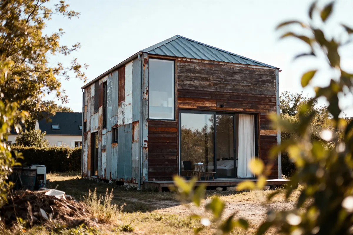 Maison à ossature métallique et bois, style moderne, située dans un jardin, avec de grandes fenêtres vitrées.