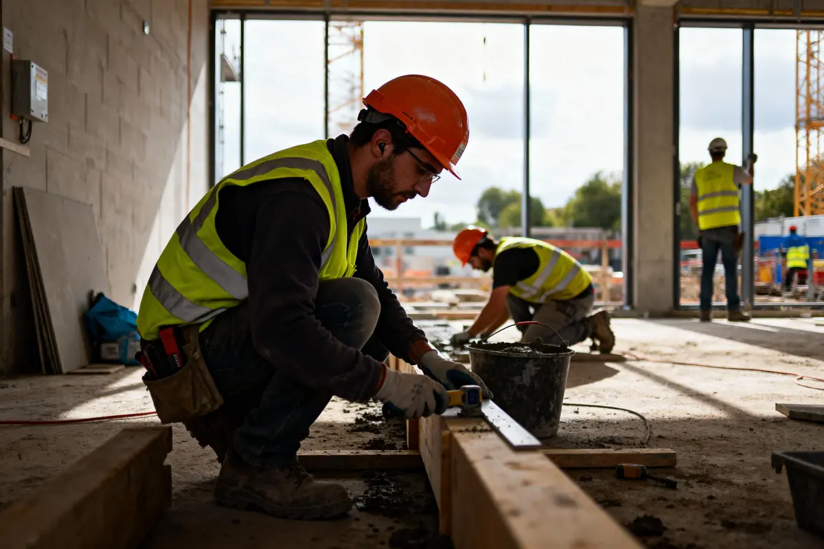 Travailleurs de construction mesurant et manipulant du ciment, portant casques et gilets de sécurité sur un chantier.