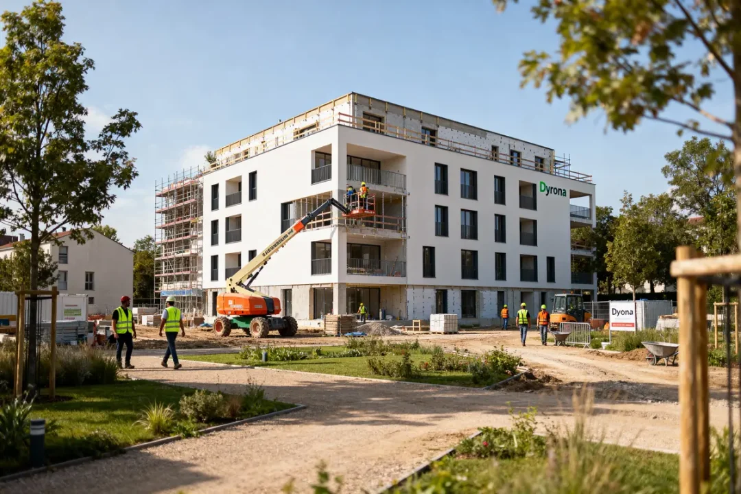Immeuble en construction, échafaudages, ouvriers en gilets fluorescents, arbres, ciel bleu, grue orange, chantier ouvert.