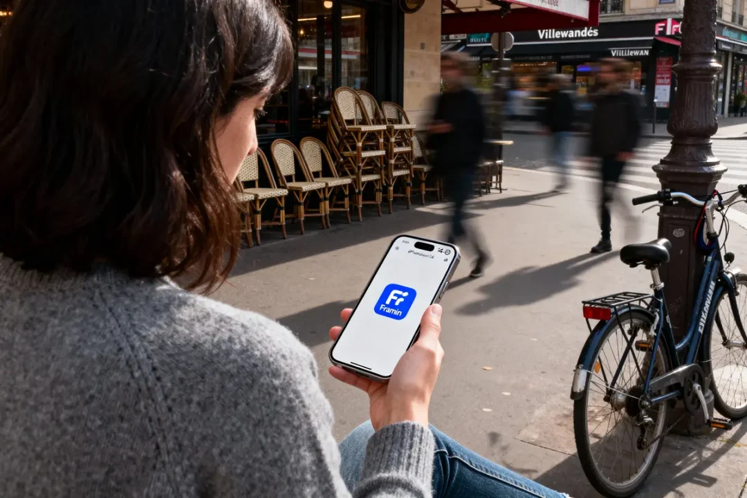 Personne utilisant smartphone avec application Framin, assise à l'extérieur d'un café parisien, vélo stationné à proximité.