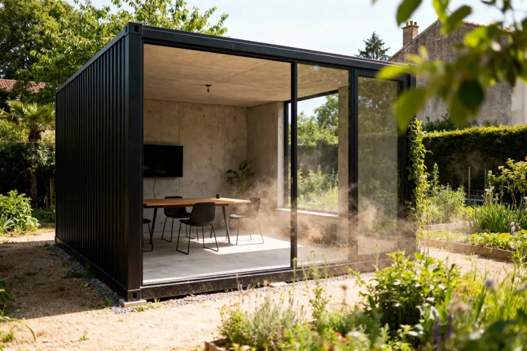 Bureau en conteneur vitré dans un jardin, contenant table, chaises et télévision, environnement verdoyant et lumineux.