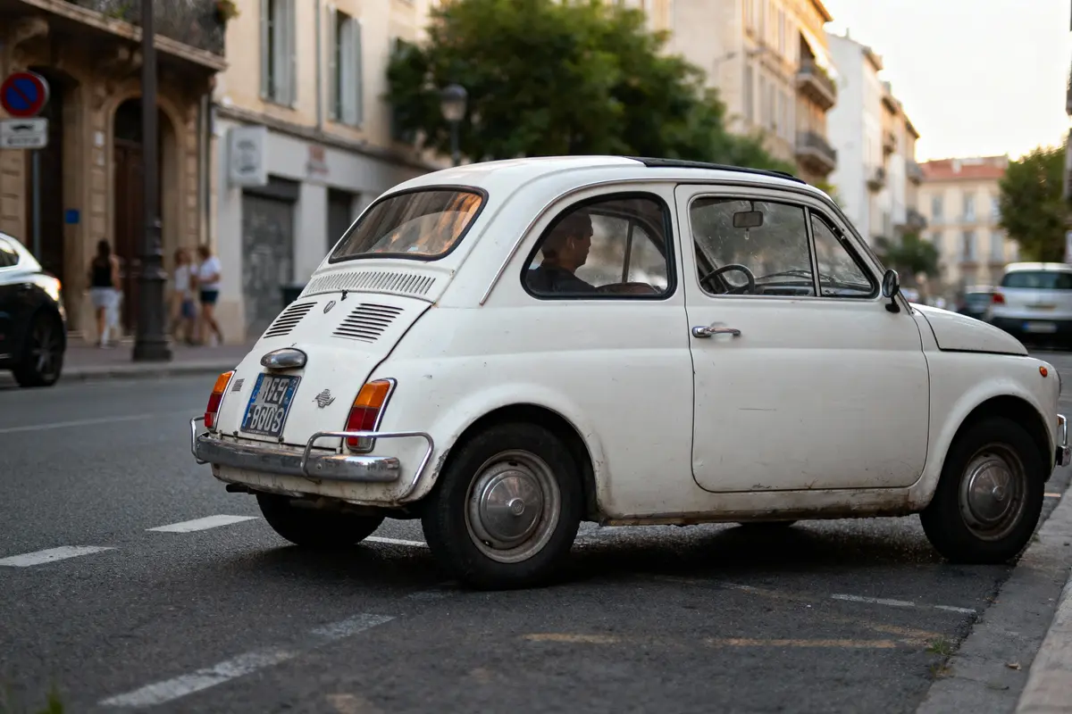 Petite voiture blanche ancienne stationnée en ville, rue bordée de bâtiments historiques et arbres.