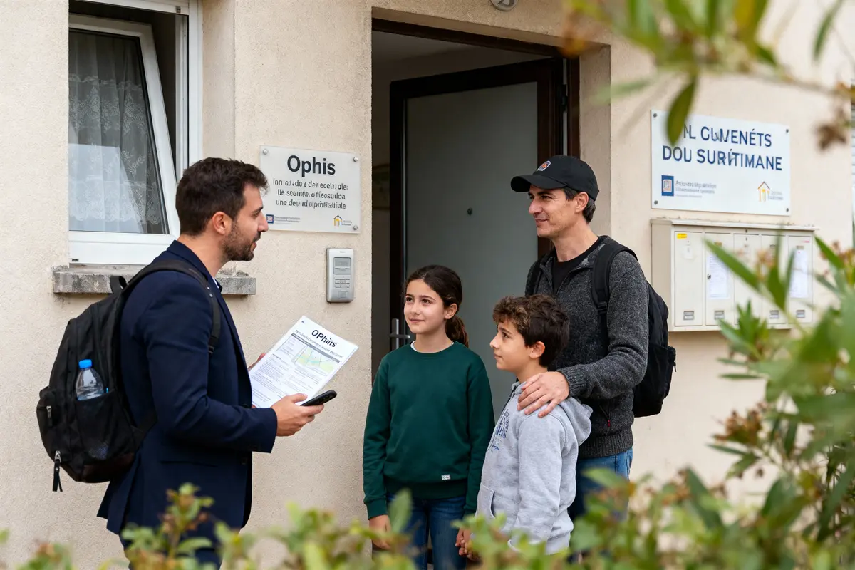 Un homme discute avec une famille devant un bâtiment marqué "Ophis", tenant des documents informatifs.