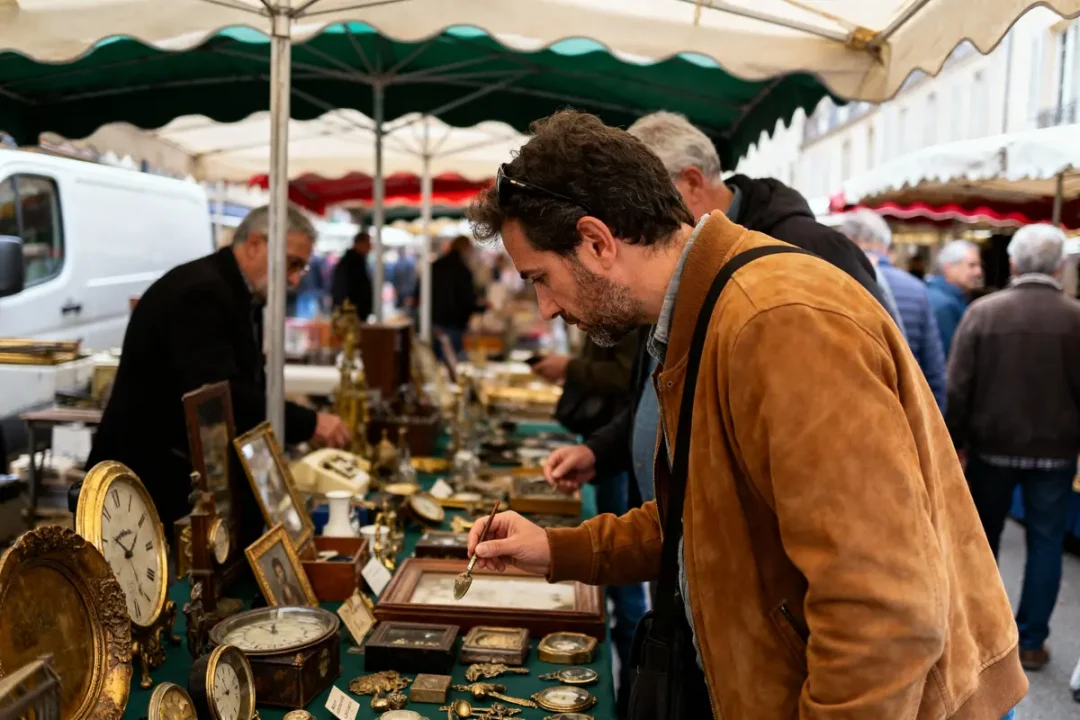 Homme examinant antiquités sur étals lors d'un marché couvert, objets anciens variés exposés à vendre.