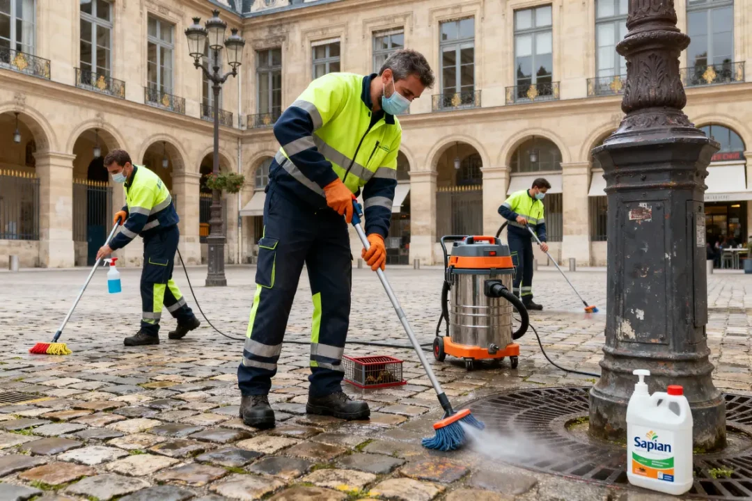 Travailleurs municipaux nettoyant une place pavée avec des balais et un nettoyeur sous pression.