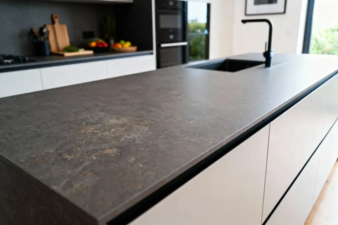 Cuisine moderne avec plan de travail en pierre foncée, évier encastré et accessoires de cuisine.