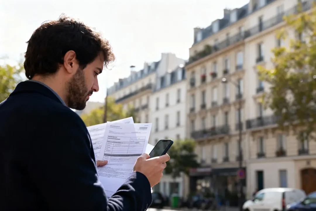 Homme consultant documents et téléphone, rue bordée d'immeubles parisiens sous un ciel ensoleillé.