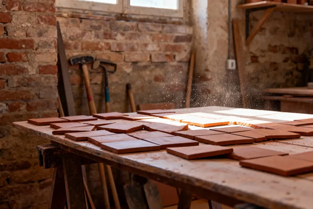 Carreaux d'argile sur table en bois, atelier lumineux avec murs en briques, outils contre le mur.