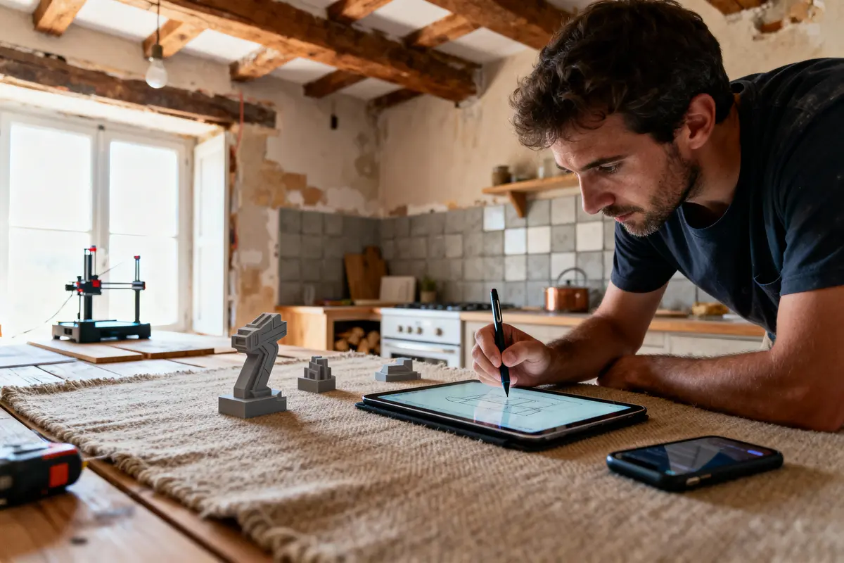 Homme dessine sur tablette dans cuisine rustique, avec modèles 3D et imprimante 3D en arrière-plan.