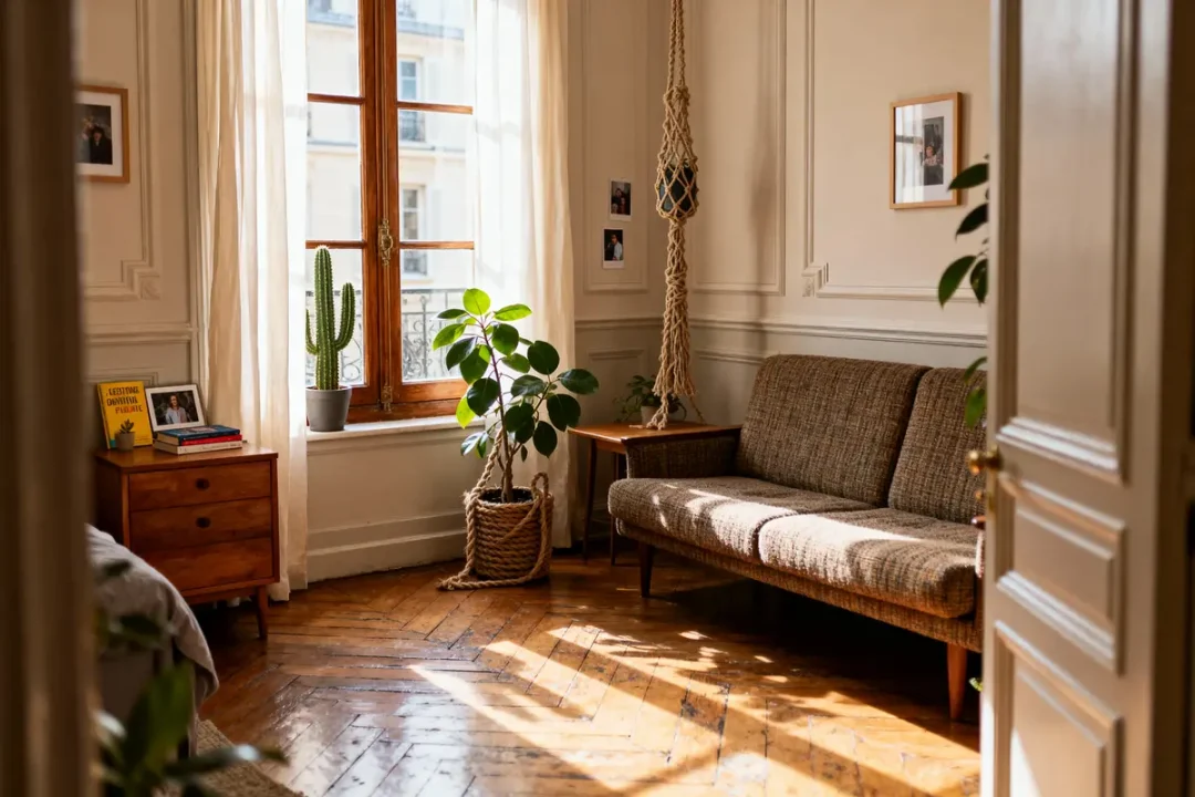 Salon lumineux avec parquet, fenêtre, canapé, étagères, plantes, cactus, murs blancs, décoration minimaliste, ambiance chaleureuse.