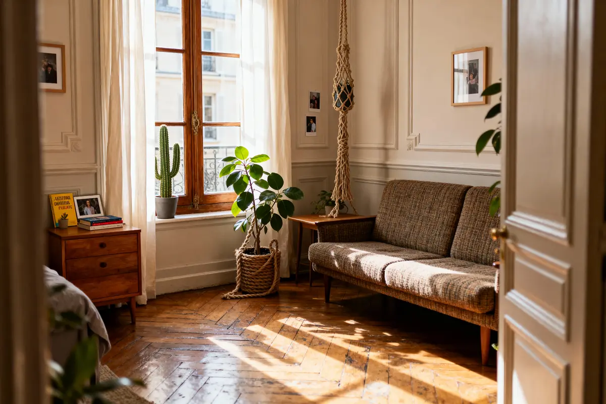 Salon lumineux avec parquet, fenêtre, canapé, étagères, plantes, cactus, murs blancs, décoration minimaliste, ambiance chaleureuse.