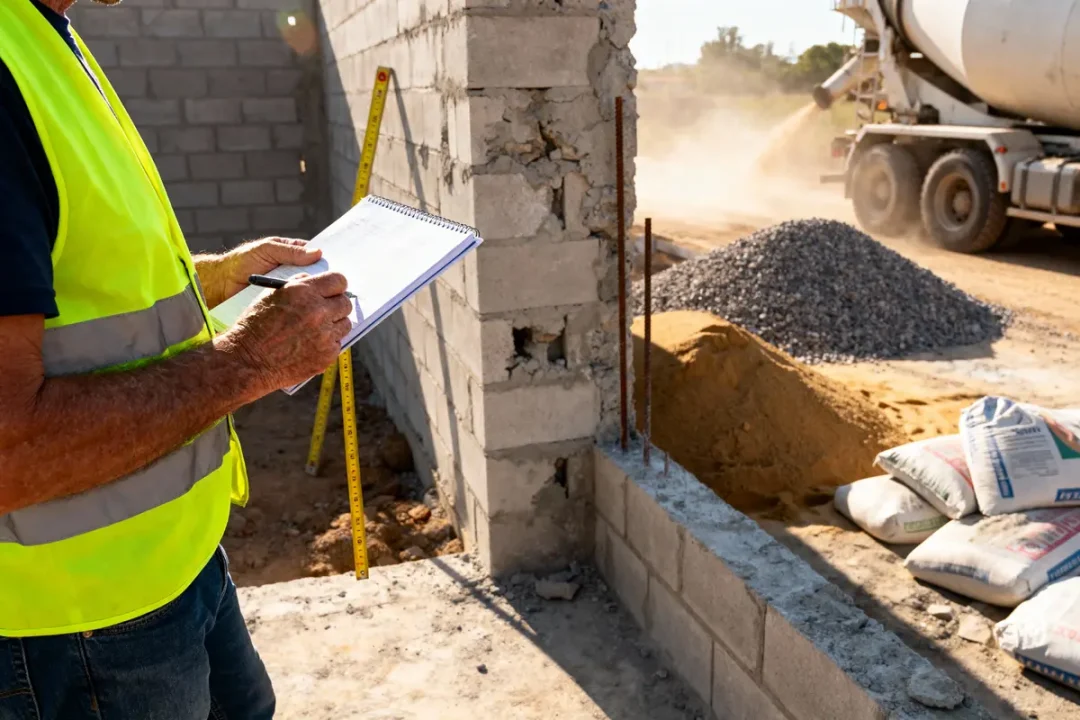 Ouvrier en gilet réfléchissant prend des notes, chantier construction avec murs parpaings, bétonnière et matériaux divers.