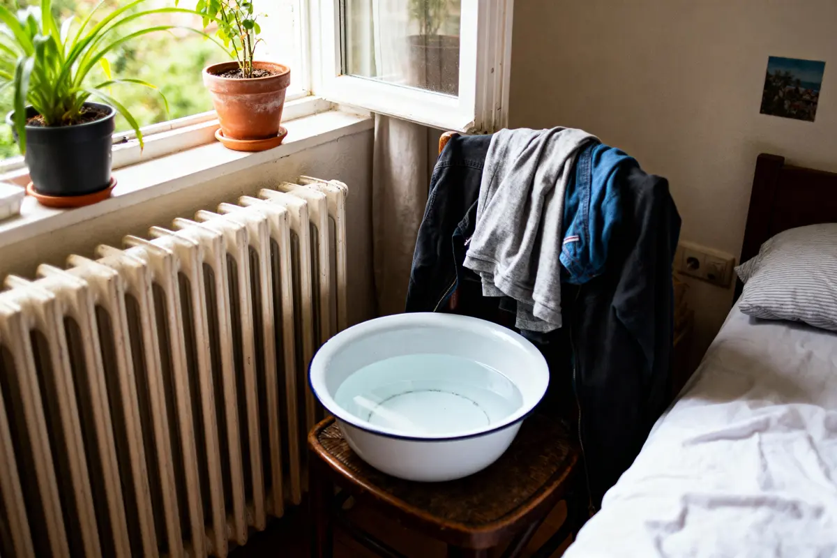 Vêtement sur chaise, bassine d'eau, plantes en pot sur rebord de fenêtre, radiateur blanc et lit.