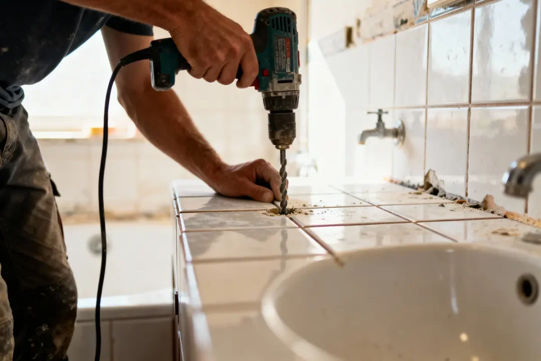 Personne perce carreaux de céramique avec perceuse électrique, rénovation salle de bain. Fuites éventuelles visibles.