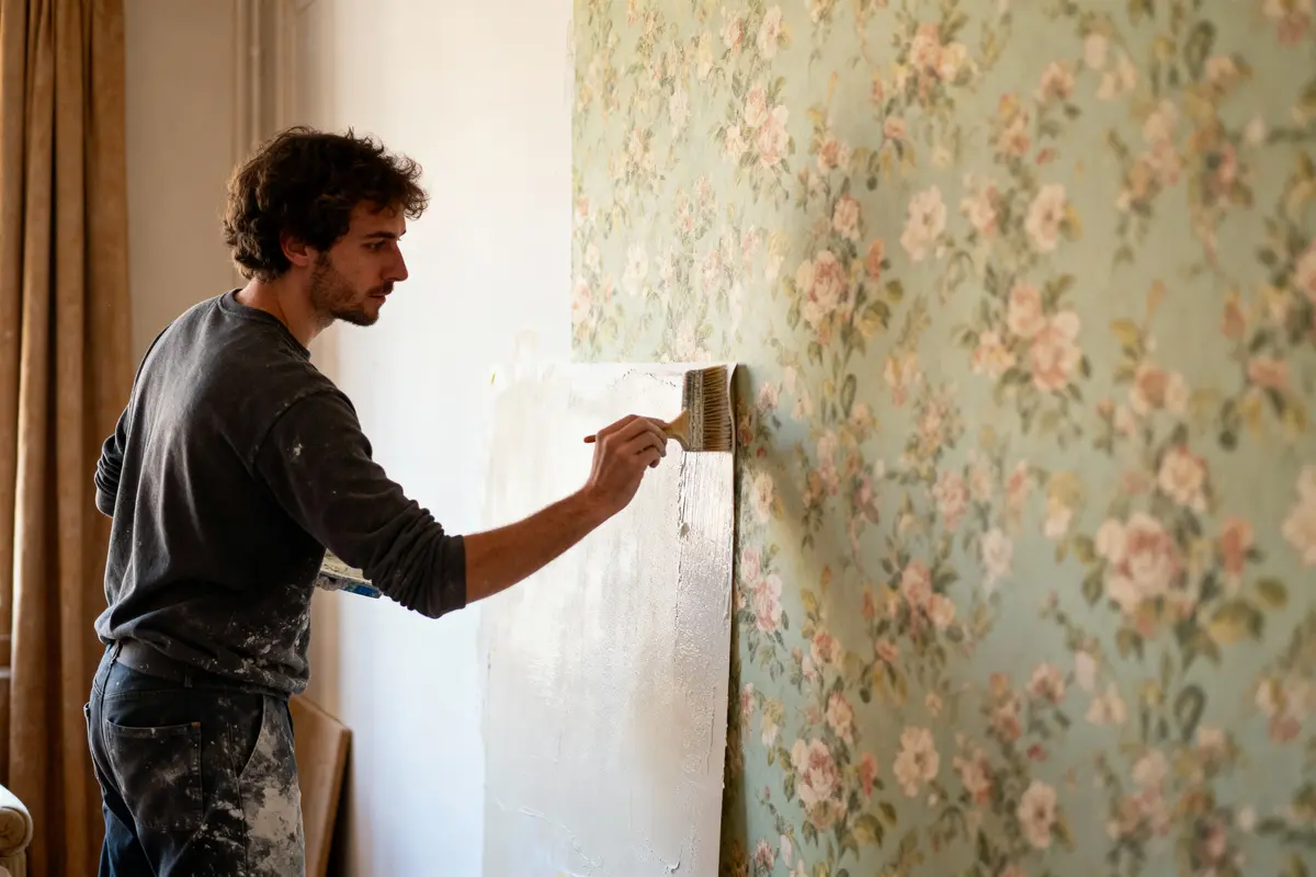 Personne peignant un mur avec un pinceau large, papier peint floral en arrière-plan.