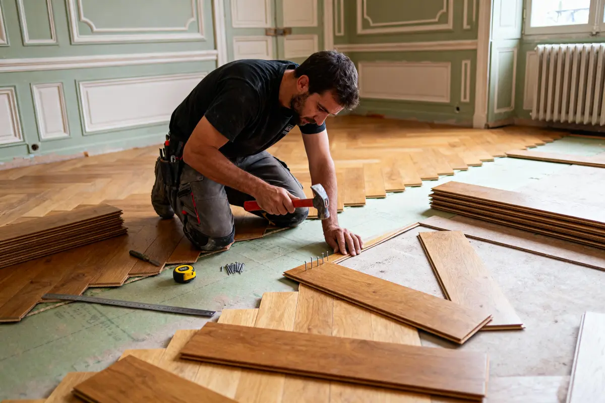 Homme installant un parquet en bois, marteau à la main, entouré de lames et outils de travail.