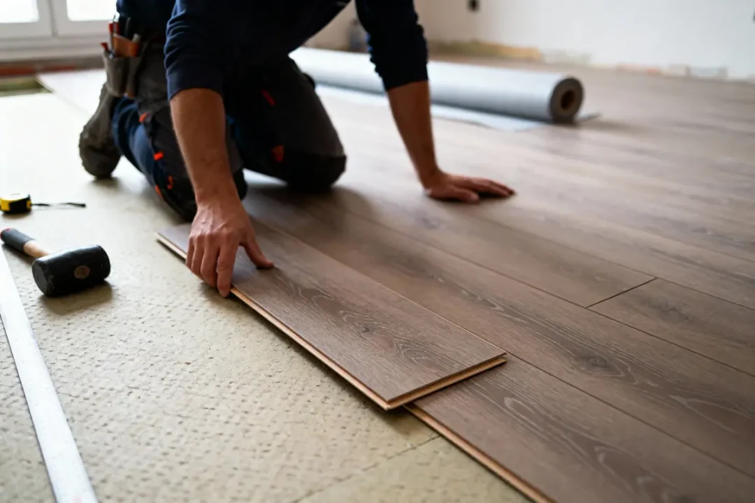 Personne installant du parquet laminé avec outils, rouleau de sous-couche visible, pièce lumineuse en arrière-plan.