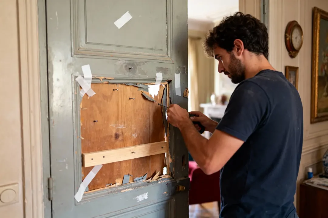 Homme réparant une porte abîmée avec des outils, ruban adhésif et planche de bois, intérieur d'une maison.