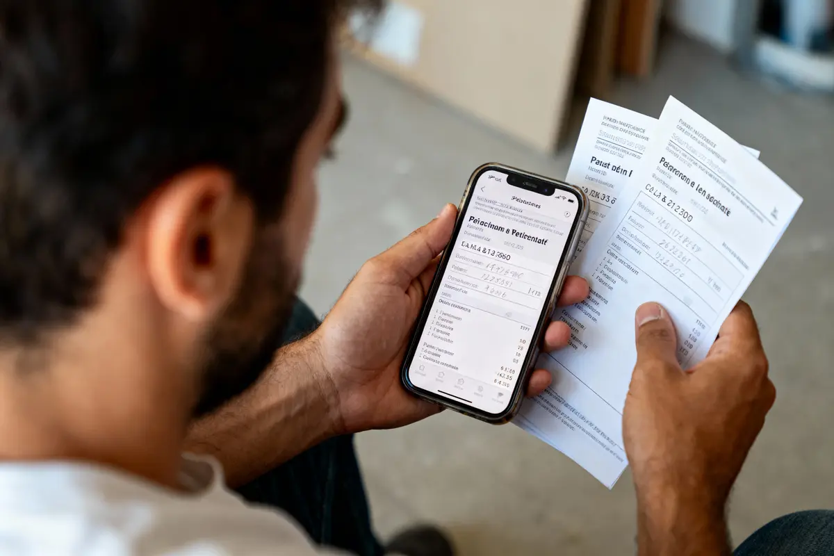 Un homme consulte ses documents de compte bancaire sur smartphone et papier.