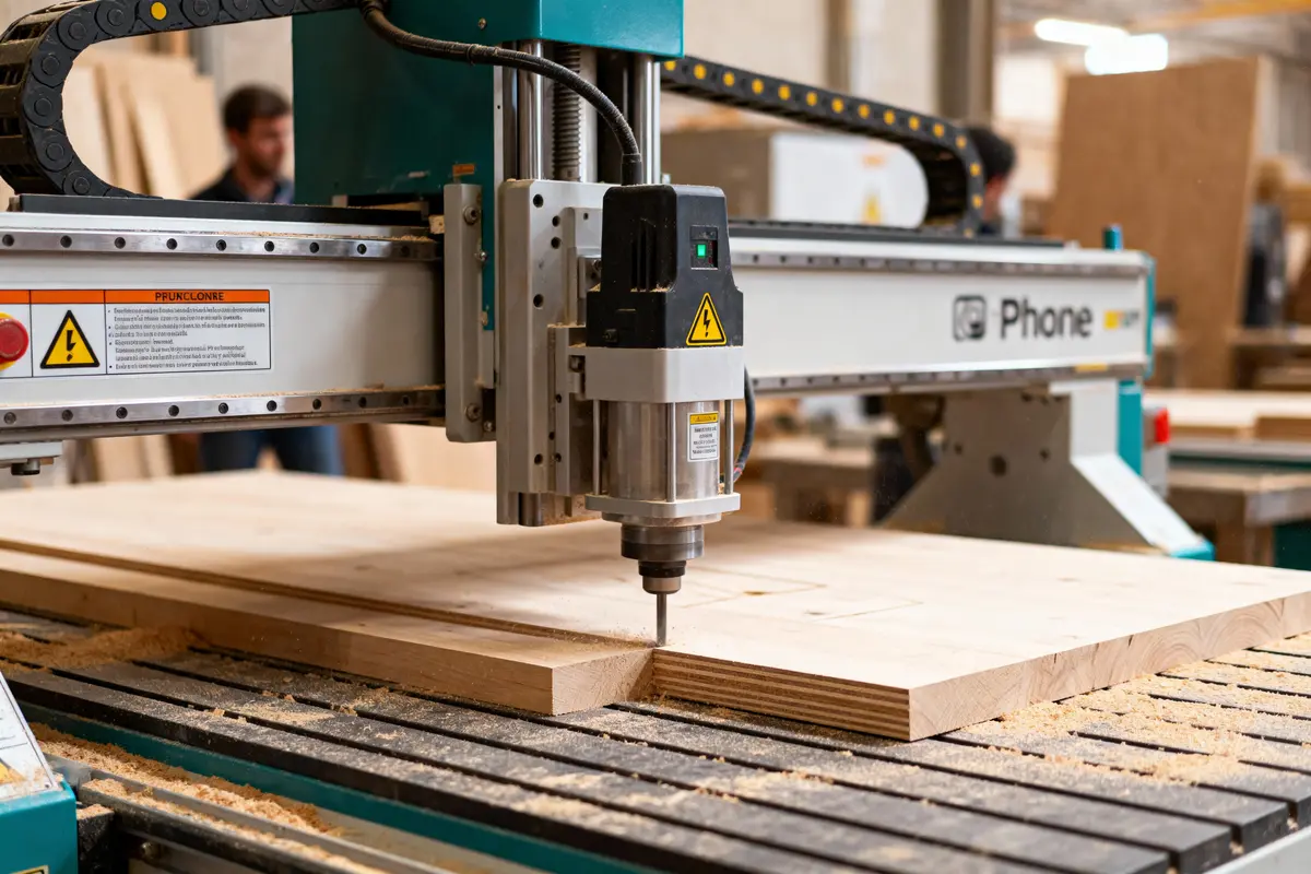 Machine CNC découpant du bois dans un atelier, avec du bois et des copeaux environnants. Homme flou en arrière-plan.