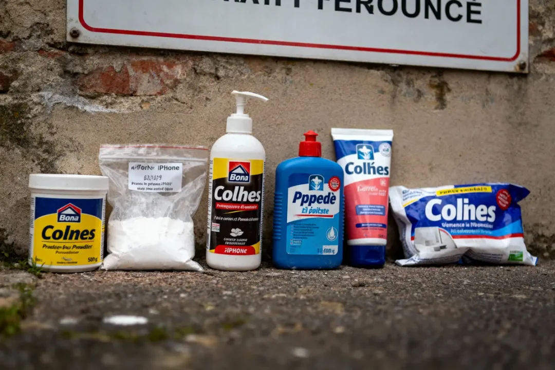Divers produits d'imitation, poudre et liquides, alignés sur le sol devant un mur en brique.
