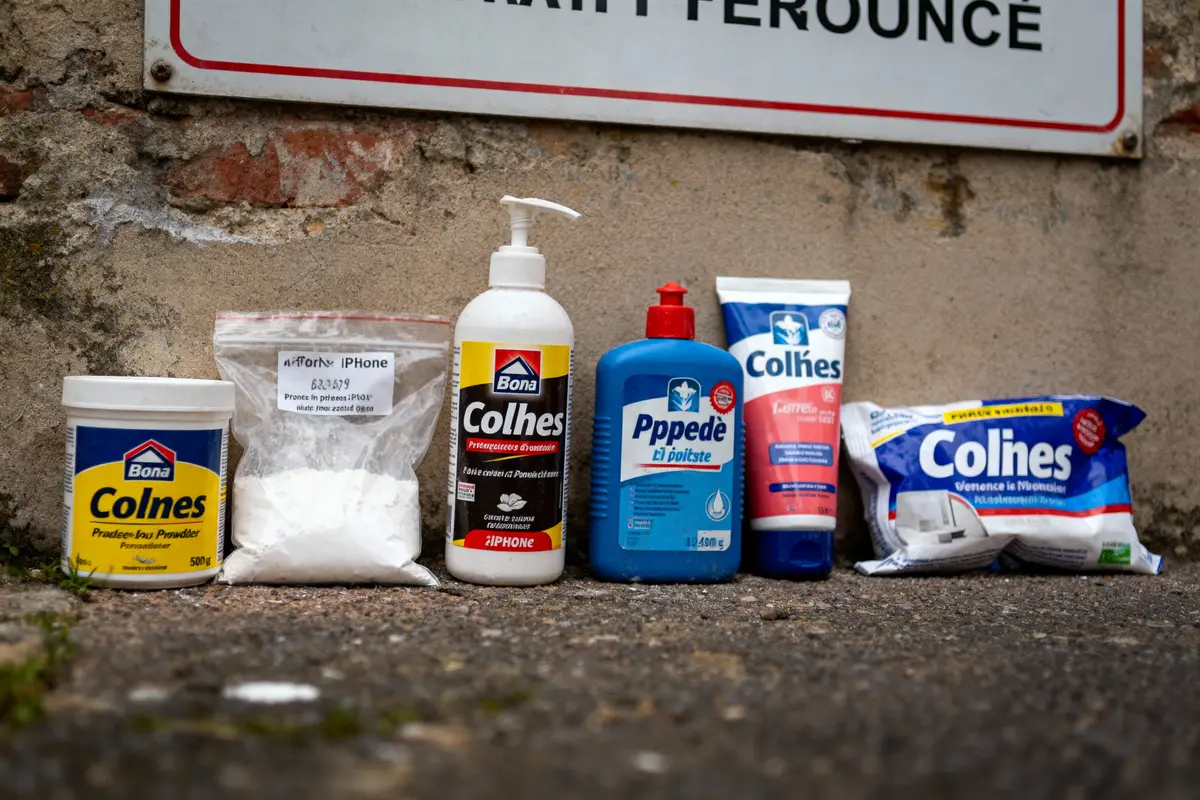 Divers produits d'imitation, poudre et liquides, alignés sur le sol devant un mur en brique.