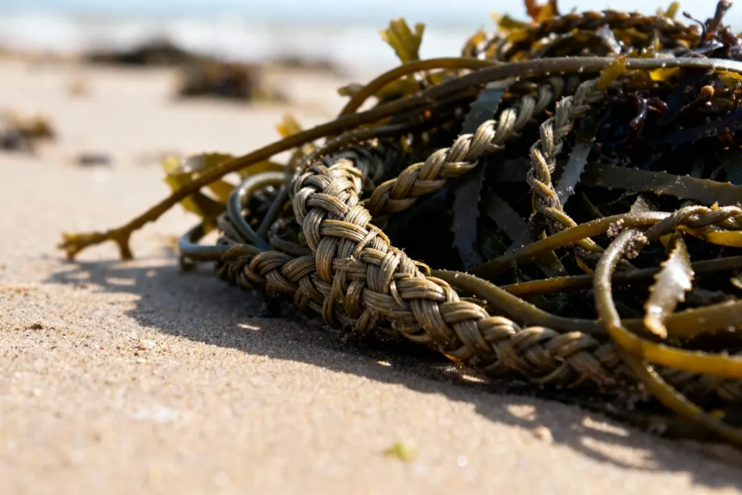 Algues mélangées avec corde tressée sur sable humide, plage en arrière-plan flou.