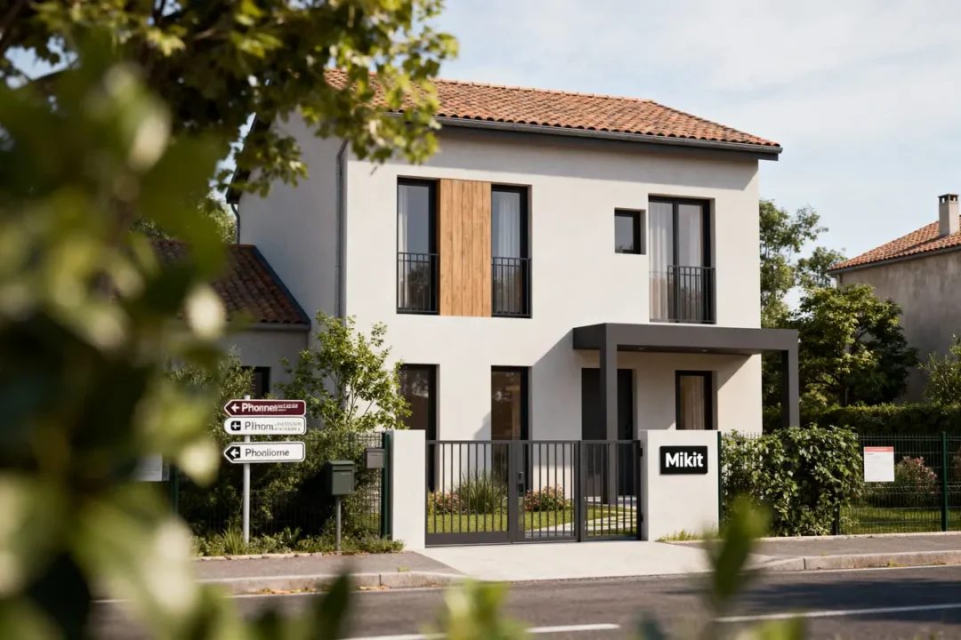 Maison moderne à deux étages avec toit en tuiles, clôture métallique, et panneau "Mikit" devant. Panneaux directionnels visibles.