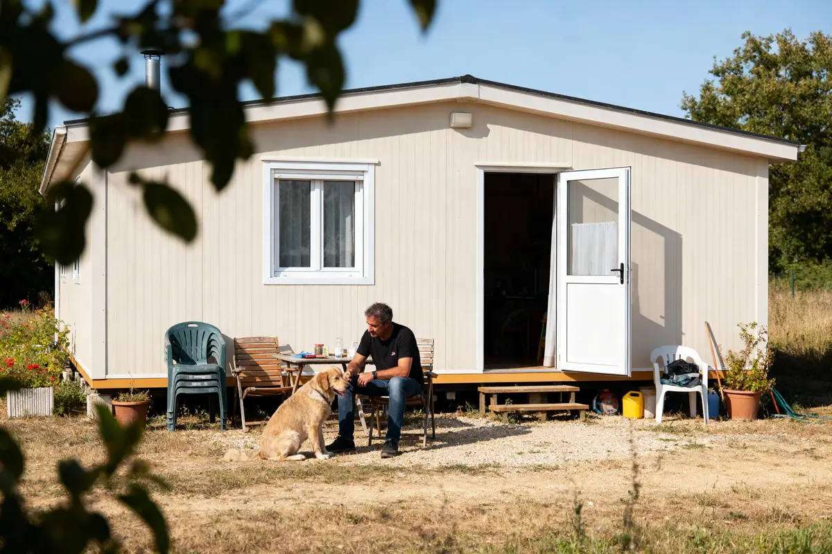 Un homme assis avec un chien devant une maison modulaire beige, jardin autour.