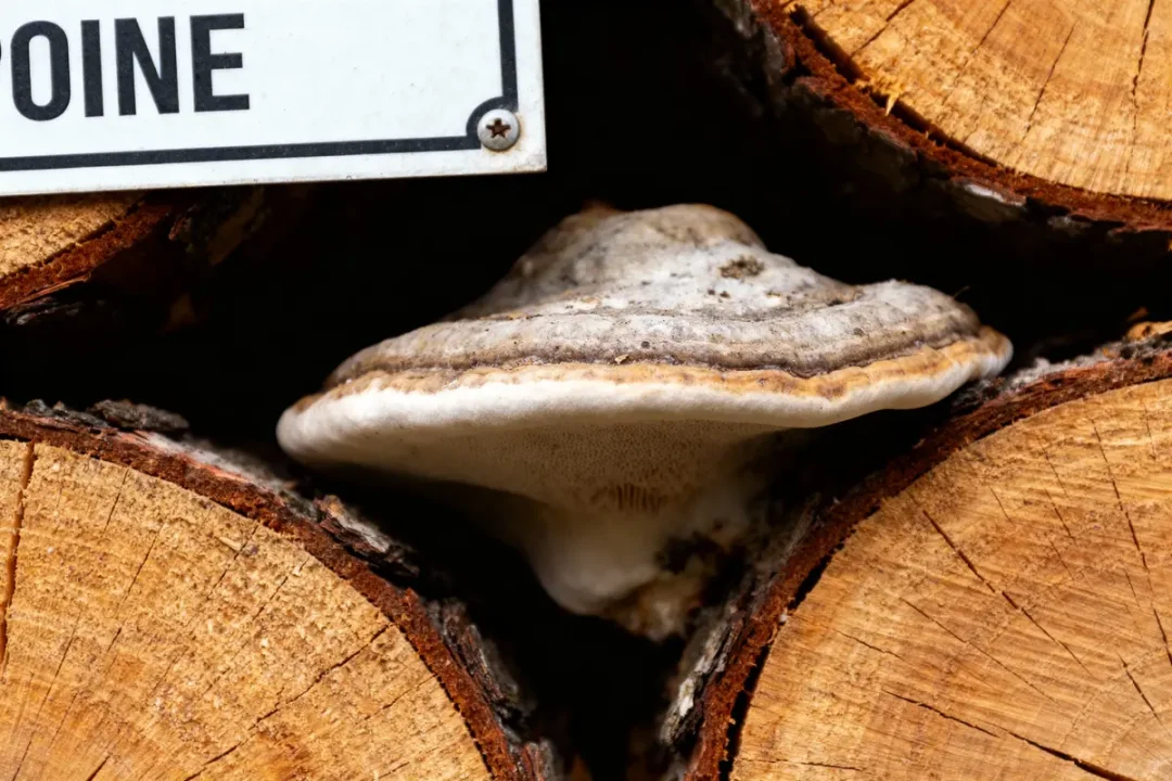 Champignon poussant entre des rondins de bois empilés, partiellement recouvert par un panneau.