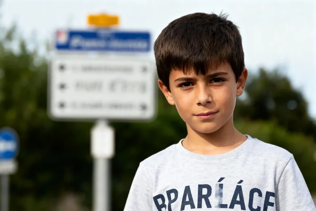 Un garçon en t-shirt gris devant un panneau flou en arrière-plan verdoyant.