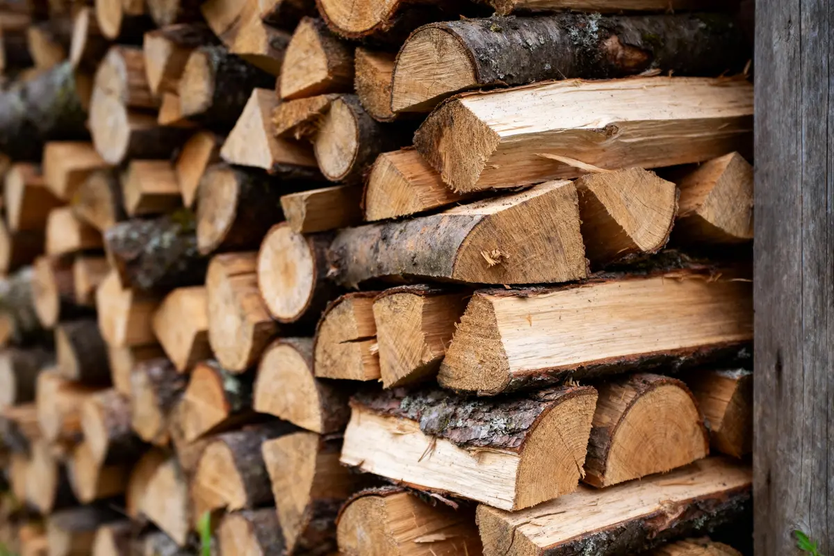 Pile de bûches de bois empilées, vue rapprochée. Bois coupé avec écorce, prêt pour chauffage.