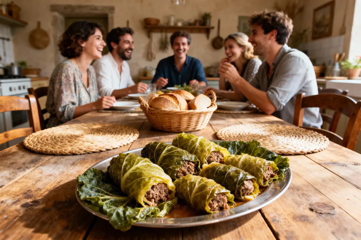 Cinq personnes souriantes autour d'une table avec des rouleaux de choux farcis et pain en panier.