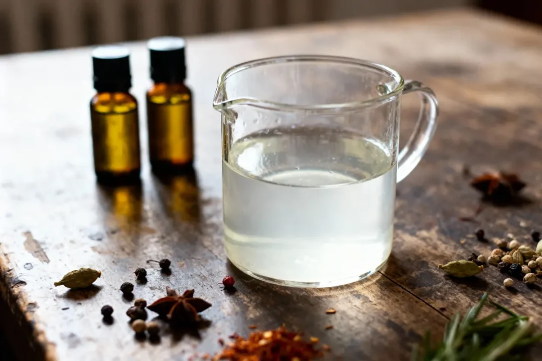 Verseur en verre contenant un liquide, petites bouteilles marron, épices variées sur table en bois.