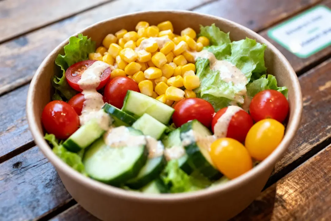 Bol de salade colorée avec laitue, concombre, tomates, maïs et sauce, sur une table en bois.