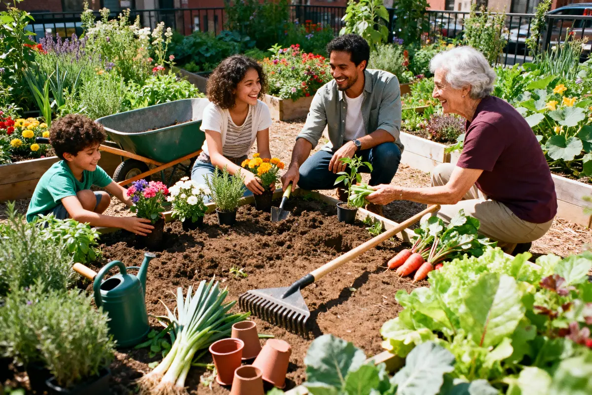 Quatre personnes jardinent ensemble, plantant des fleurs et légumes dans un jardin communautaire ensoleillé.