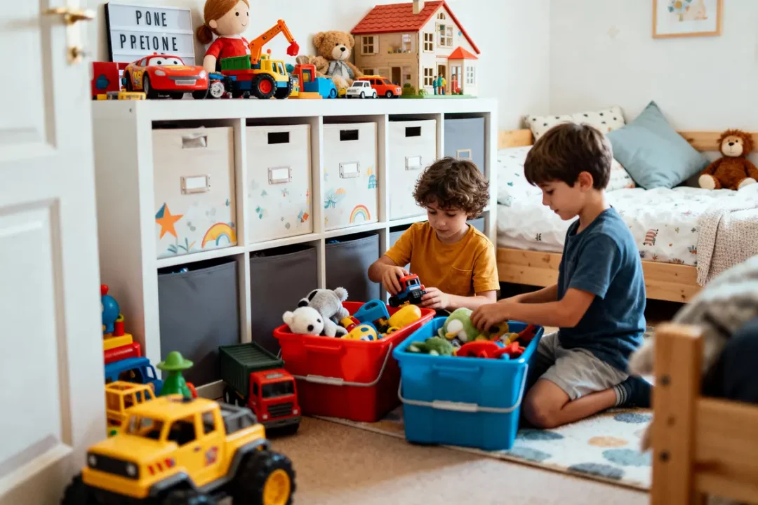 Deux enfants jouent avec des jouets colorés dans une chambre organisée, entourés d'une étagère et d'un lit.