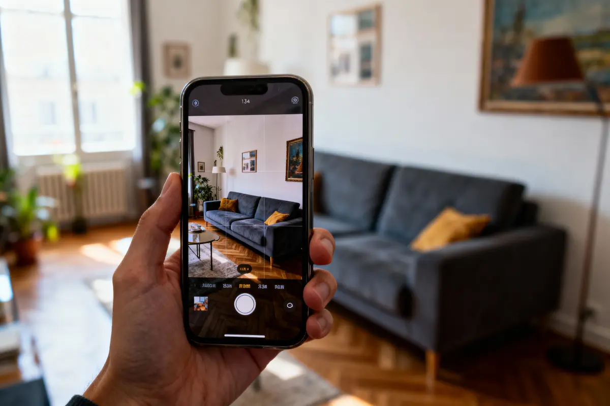 Main tenant un smartphone prenant en photo un salon moderne avec canapé gris, décoration intérieure lumineuse.