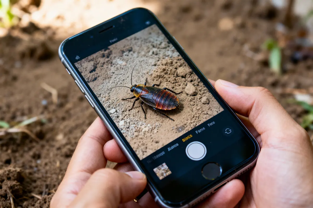 Téléphone photographiant une blatte sur sol terreux avec l'application appareil photo visible à l'écran.