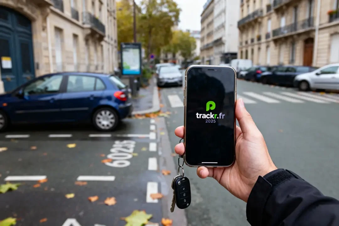 Personne tenant un smartphone avec l'application "trackr.fr 2025" devant une rue avec voitures garées.