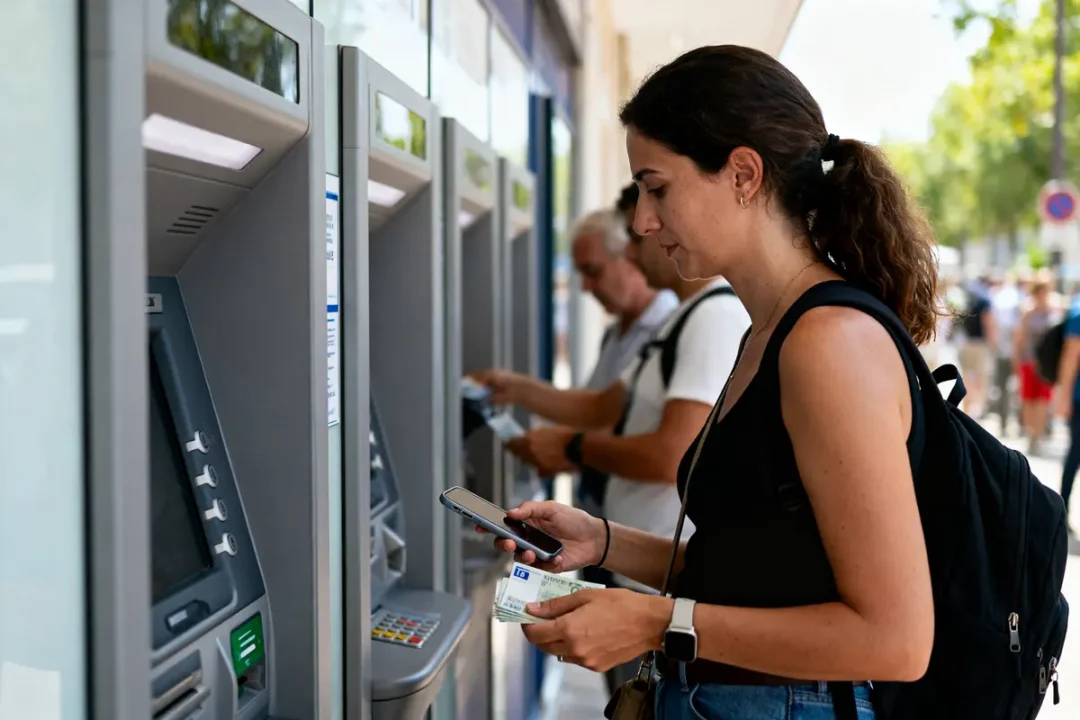 Personnes utilisant des distributeurs automatiques de billets, en train de retirer de l'argent ou vérifier un téléphone.