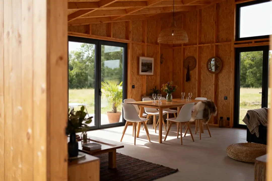 Intérieur lumineux en bois avec table à manger, chaises blanches, baies vitrées et décorations naturelles.