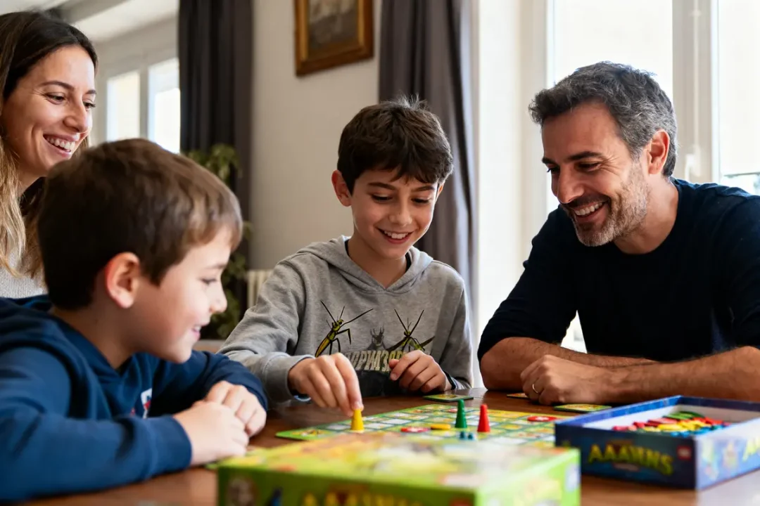 Quatre personnes jouent joyeusement à un jeu de société autour d'une table, sourires aux visages, atmosphère conviviale.