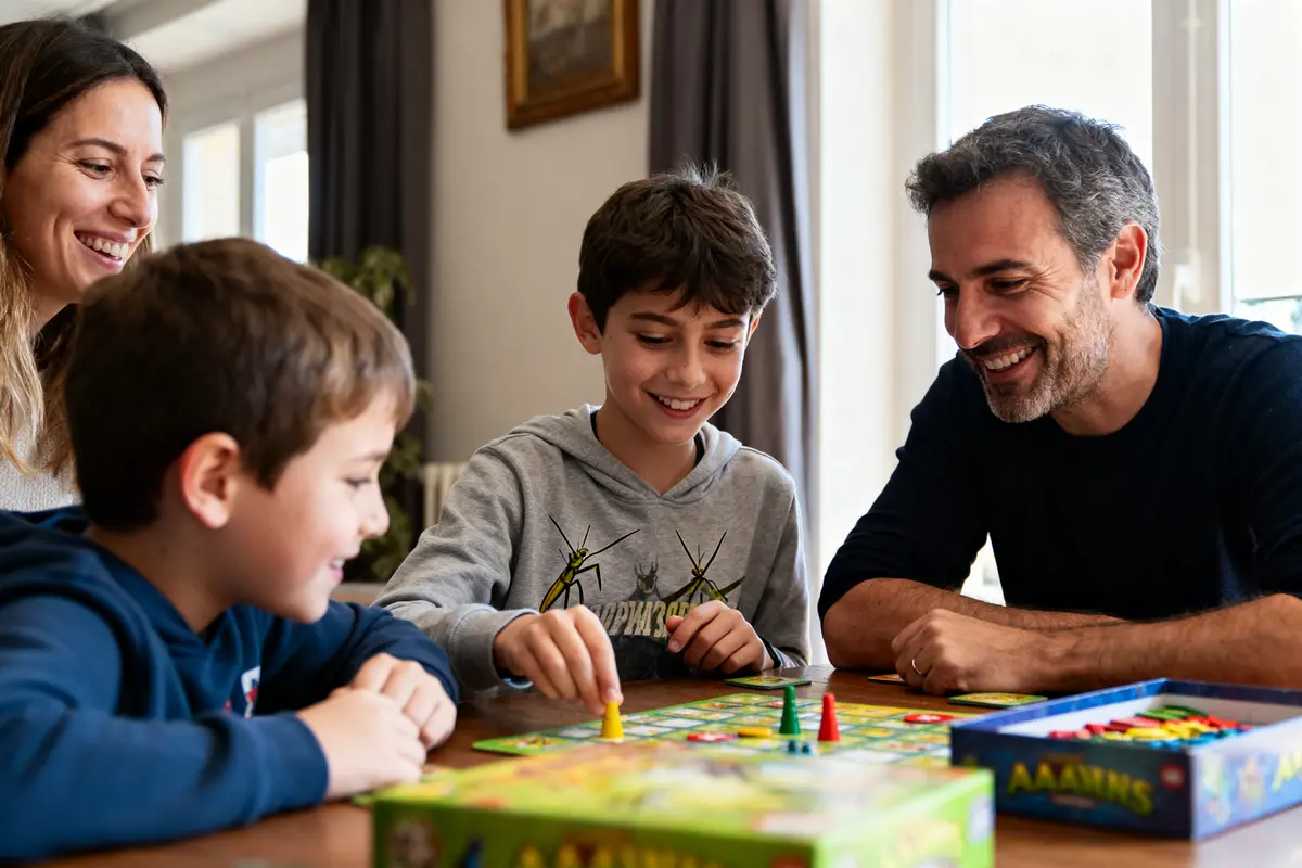 Quatre personnes jouent joyeusement à un jeu de société autour d'une table, sourires aux visages, atmosphère conviviale.
