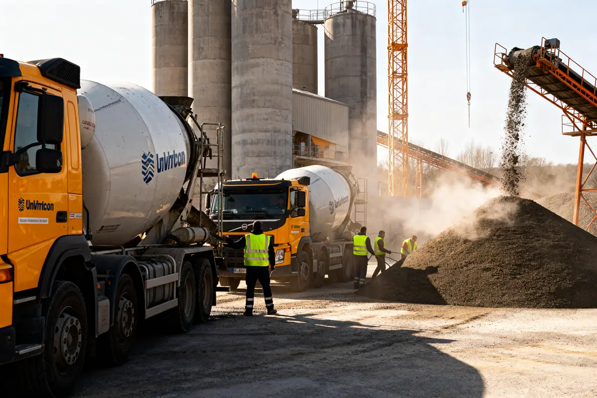 Camions bétonnières et ouvriers en gilets jaunes sur site industriel, transportant et déchargeant des matériaux de construction.